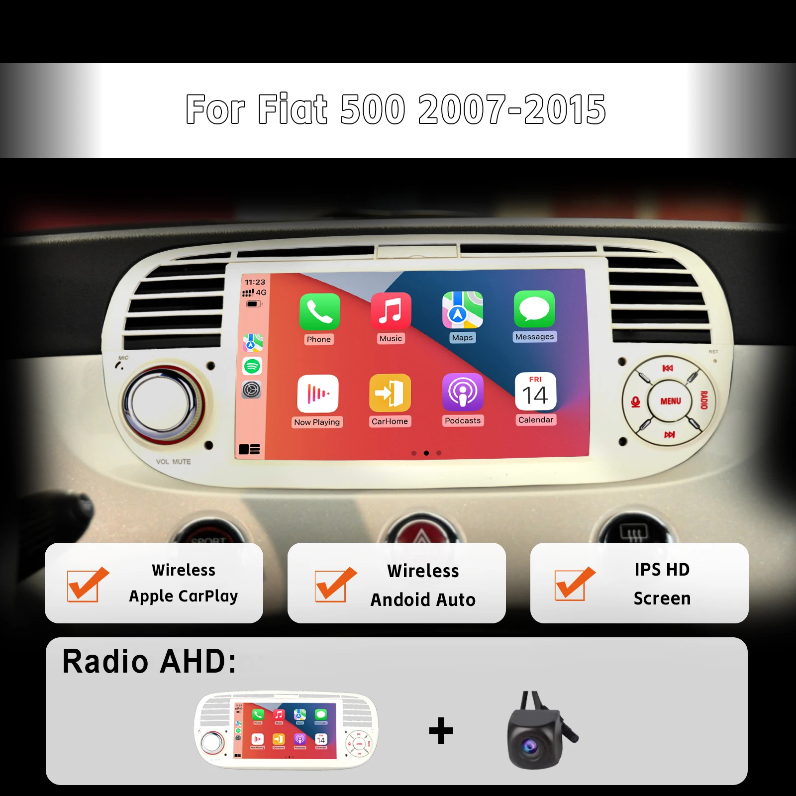 7 "Autoradio Met Draadloze Carplay Android Auto Swips Touchscreen High Power Dab + Ahd Achteruitkijkcamera Voor Fiat 500 2007-2015