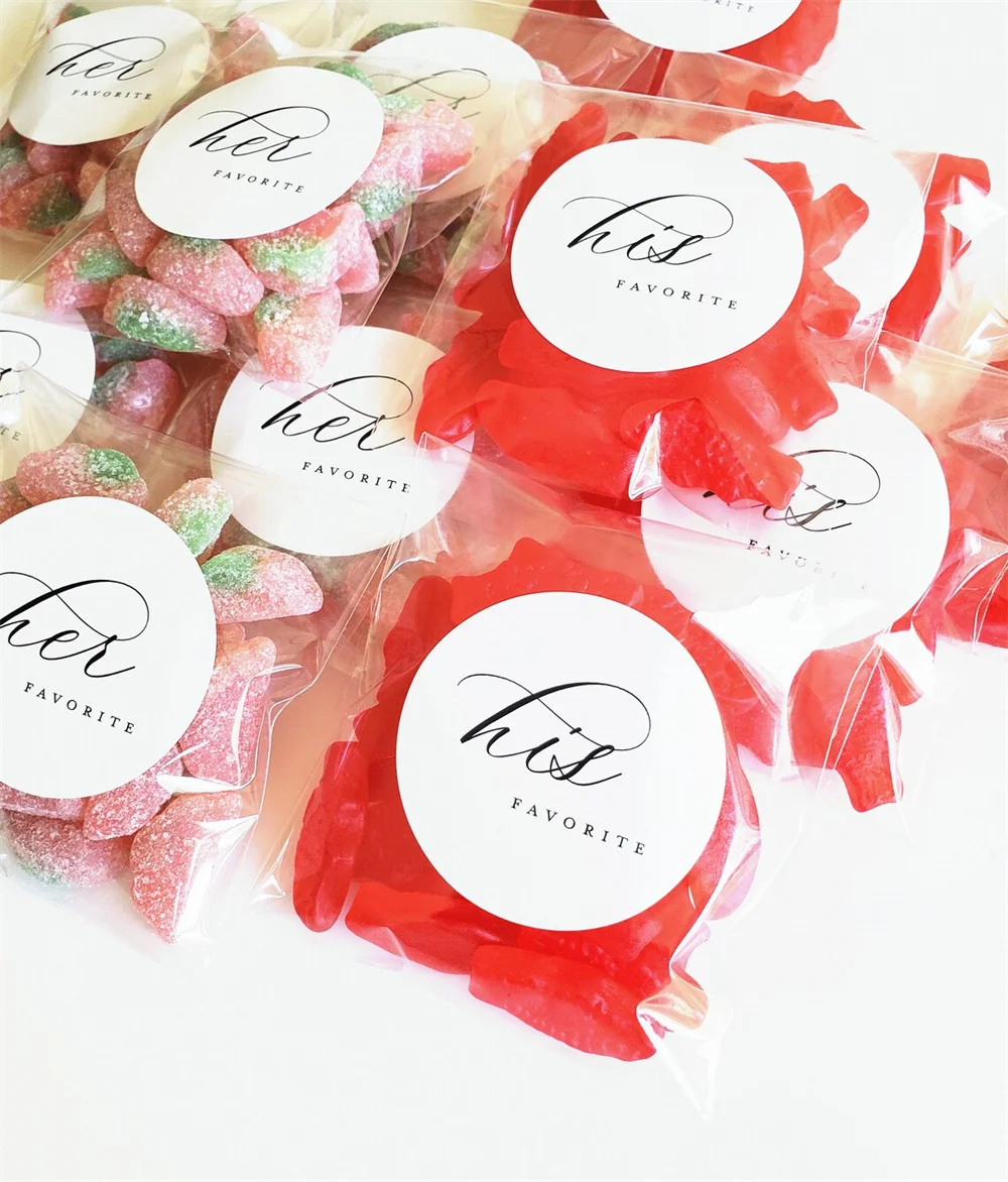 50PCS Wedding Candy Favor Bags and Stickers - Her Favorite, His Favorite, Our Favorite - EMPTY Bags with Printed Labels - DIY We