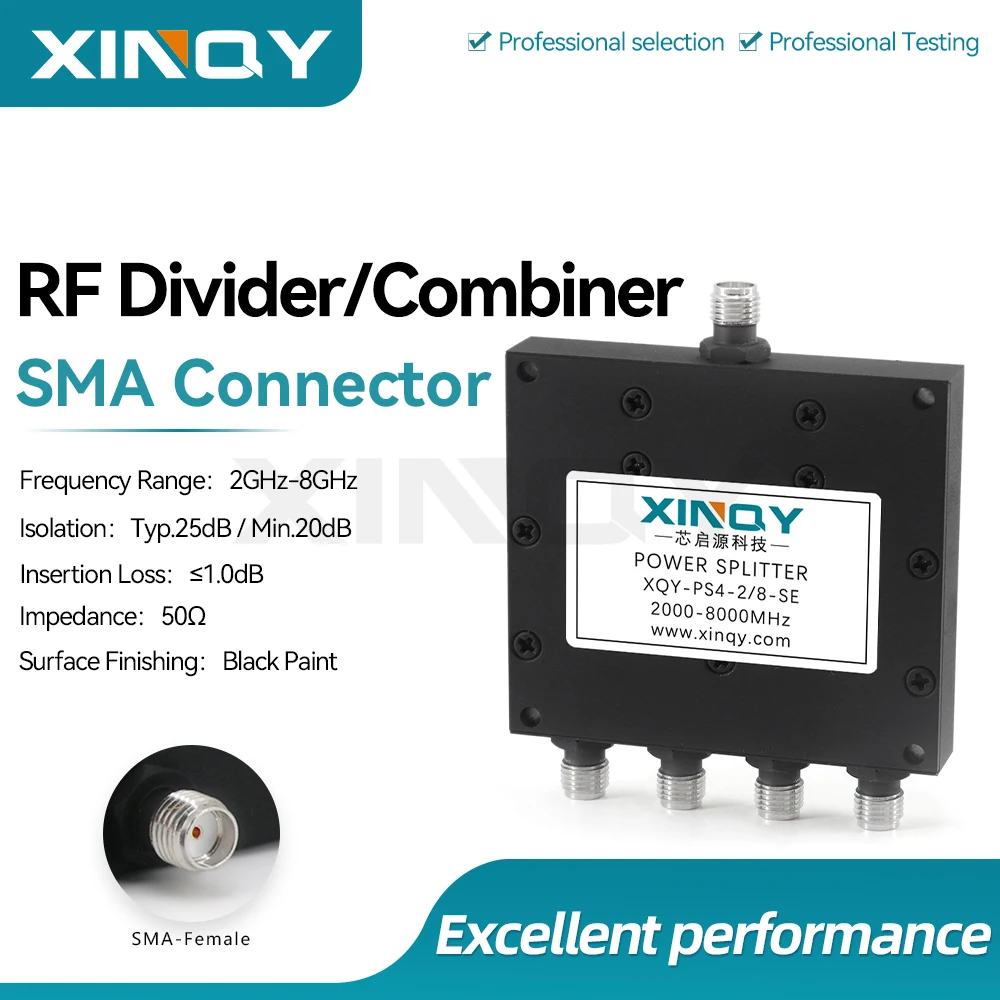 repartiteur-de-puissance-xinqy-8g-quad-power-splitter-sma-femelle-2-8-ghz-diviseur-de-puissance-2w-combinateur