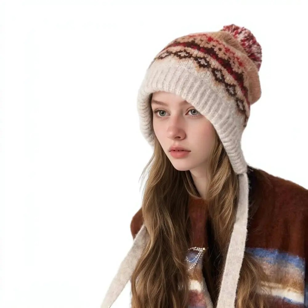 Elegant Women Knitted Beanie Hat Winter Warm Crochet Cap Fashion Soft Plush Elastic Windproof Ear Protection Daily Headgear