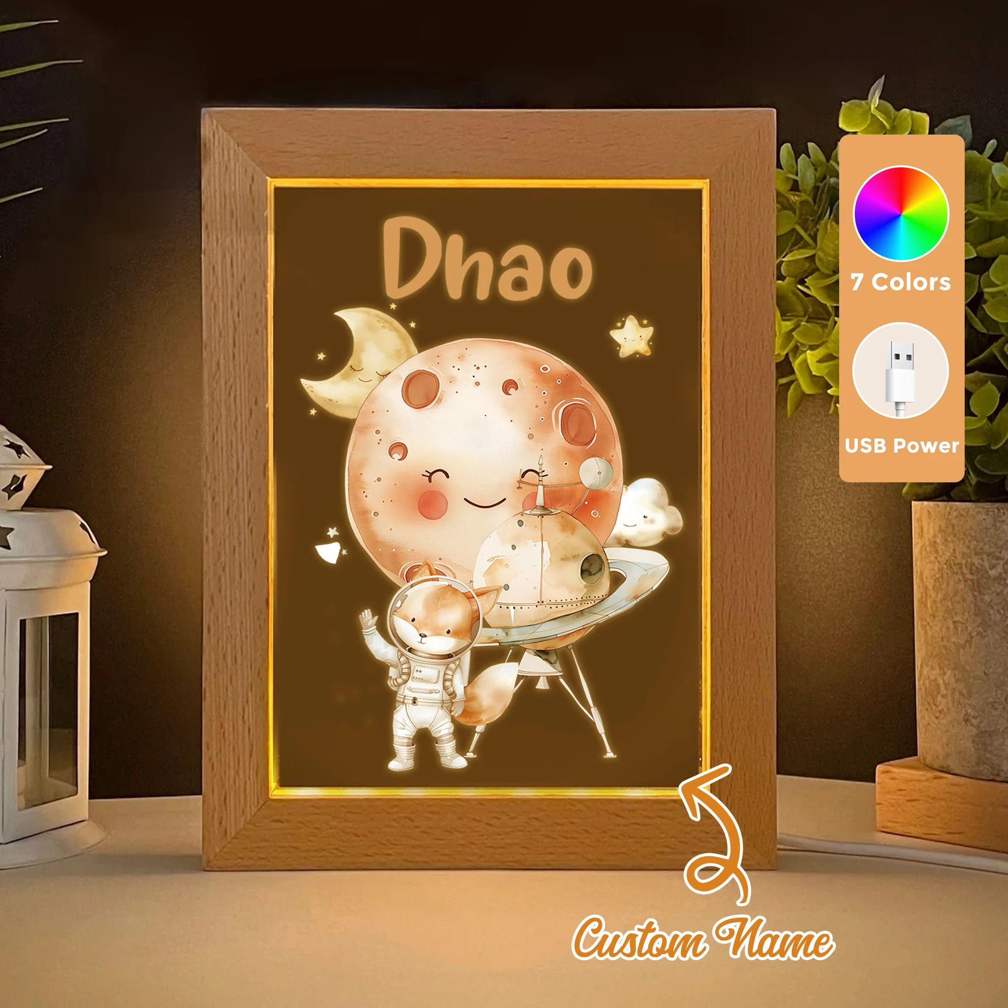 

2D Flat Custom Name Fox Astronaut LED Acrylic Night Light Wood Photo Frame 21x17cm Cartoon Children Bedroom Gifts Home Decor