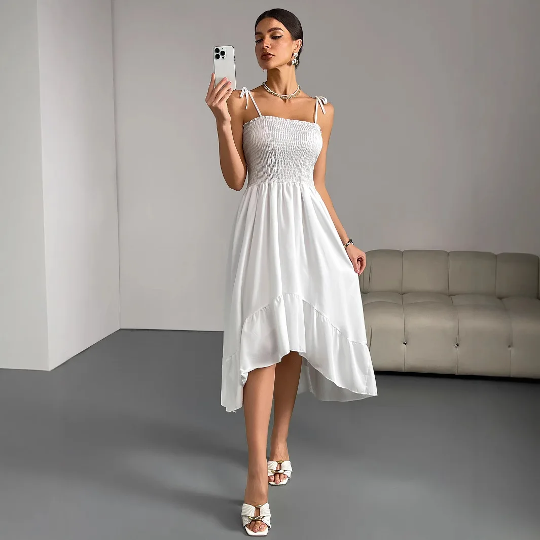Summer New Women's Par Dr Pure Color Svel Pleated Asymmetrical Strap Long Skirt High Waist A-Line Gown Commute Sle