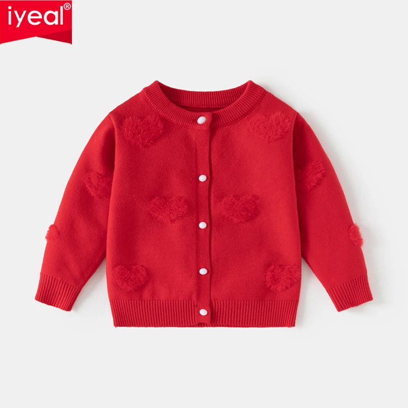 IYEAL Baby Girls Red Knit Cardigan 3D Fluffy Heart Appliqué Round Neck Button Down Long Sleeve Children Warm Sweater Jacket