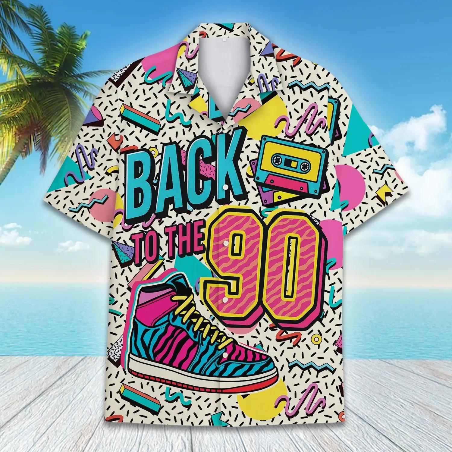 Hot Back To The 90s Hawaiian Shirt Men Women Youth, Retro Neon 80s Cassette Sneaker Aloha Shirt Vintage Party Shirt Button Up