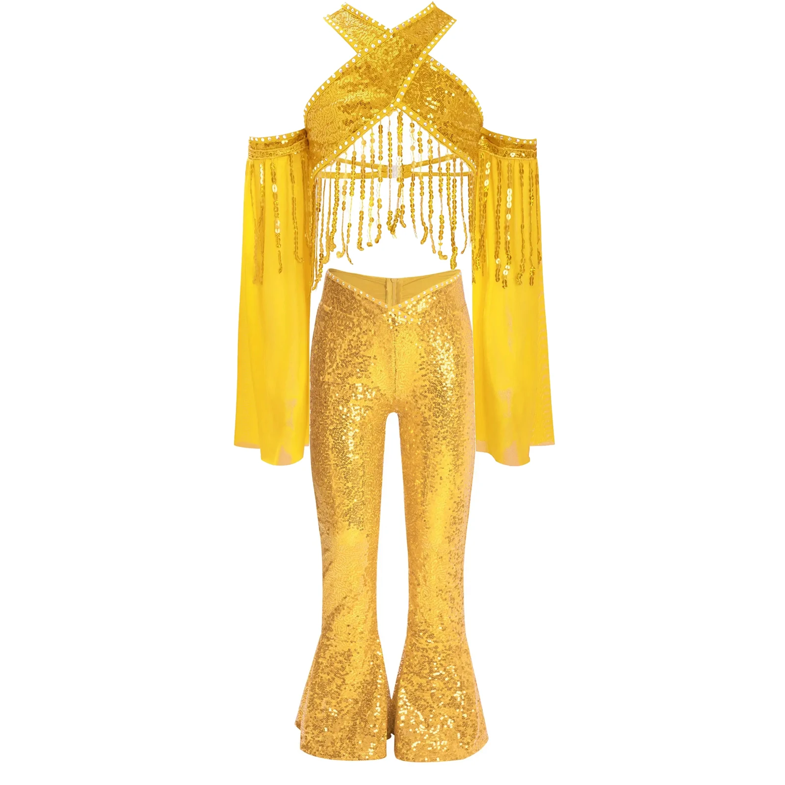 

Kids Girls Belly Dance Set Jazz Modern Costume Sequin Outfits Tassel Crop Top with Flared Hem Pants for Performance Competition