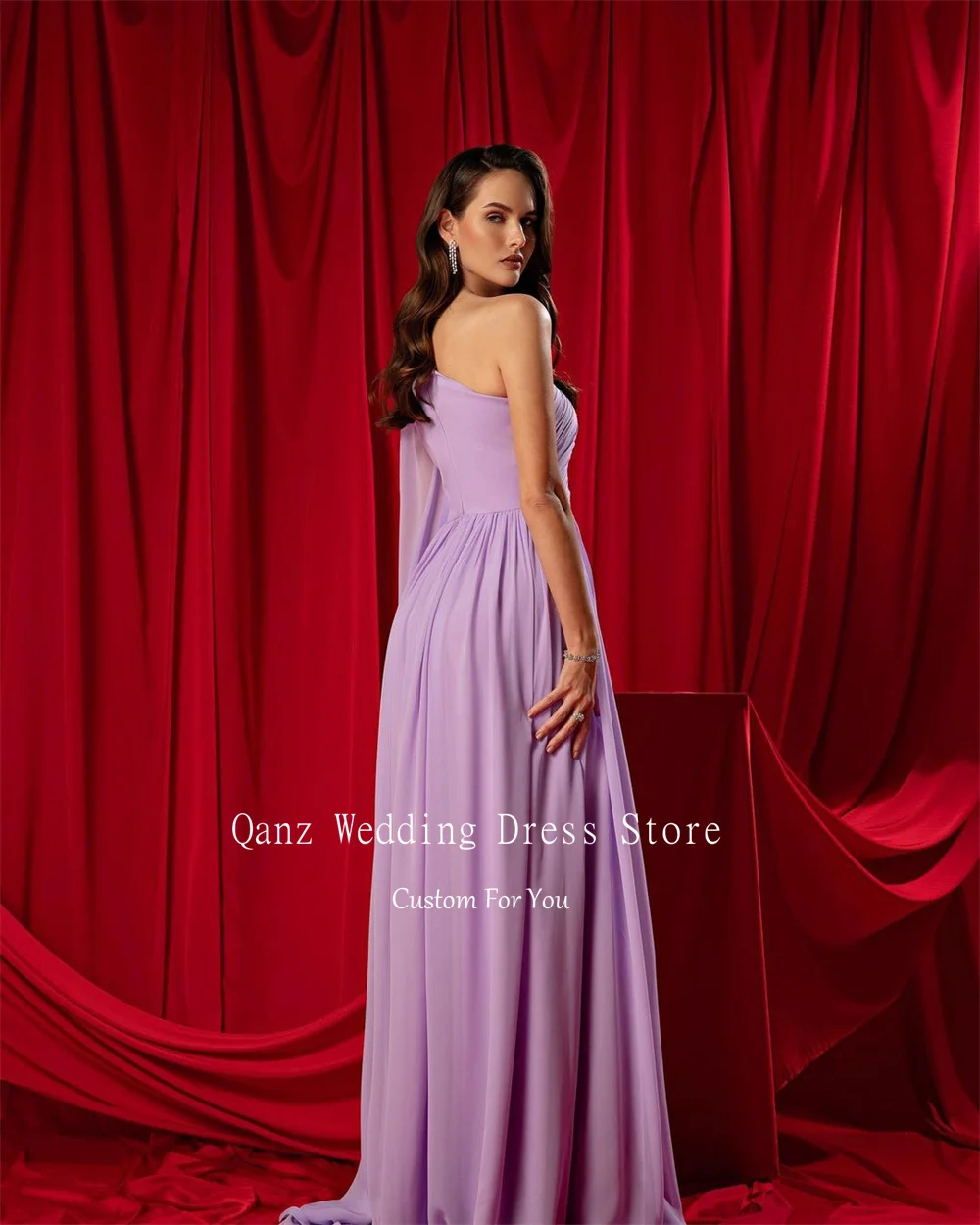 Qanz Lilac One Shoulder Evening Dresses Long Chiffon Elegant Women Prom Dress Saudi Arabia Formal Occasion Dresses Customized