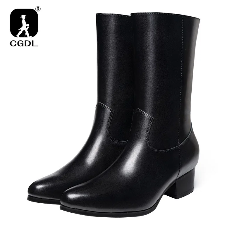 Knee High Warm Mens Boots Luxury Genuine Leather 2024 Spring New Style Black Fur Shoes High Heel with Side Zipper Social Suit