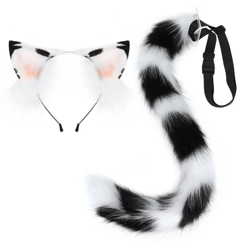 ZOETOPKID Cute Furry Tabby Three-color Cat Beast Ear Tail Comic Show Halloween Cosplay Cat Headband Cat Tail Set Props