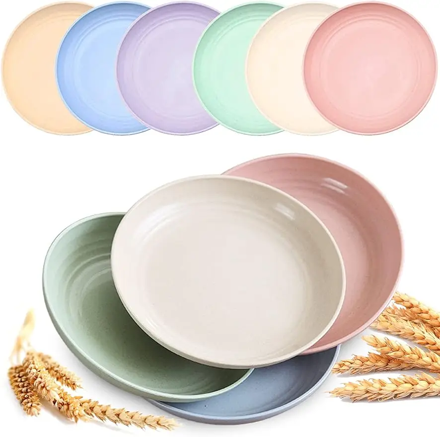 

6 Reusable 6.9 Inch Straw Plastic Lightweight Salad Plates for Camping kitchen Dishes Dishwasher, Microwave Safe