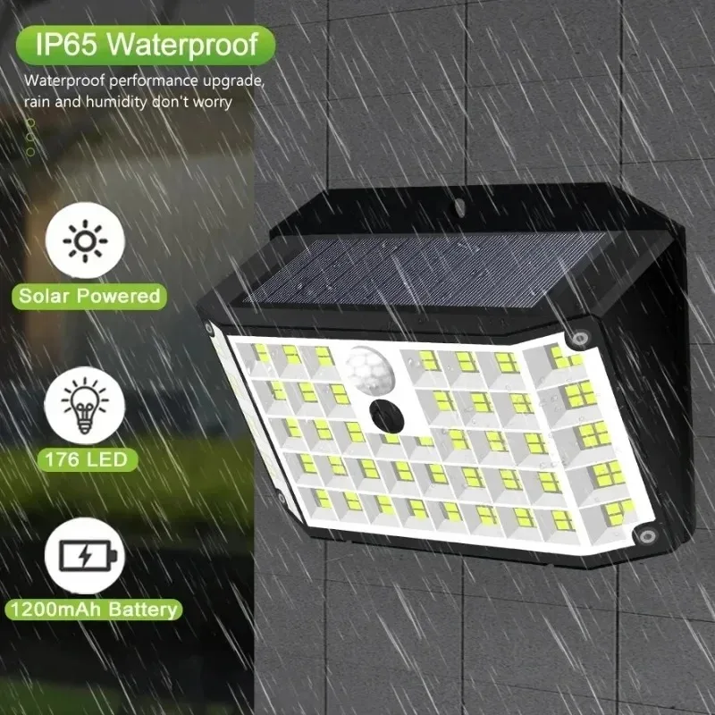 Solar Powered Motion Sensor Flood Lights, Waterproof Outdoor Wall Lamp with 3 Modes for Porch and Yard, 176 LED 