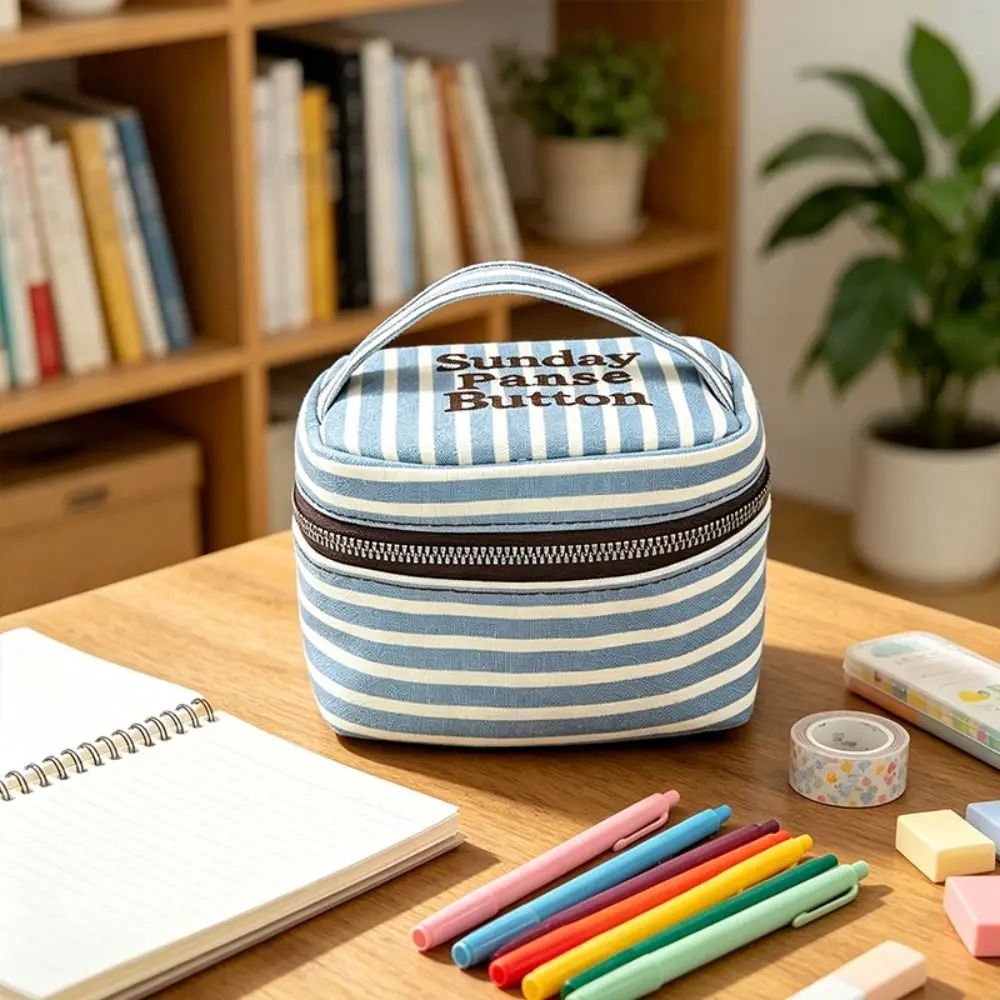Waterproof Blue White Striped Square Storage Box Handheld Zipper Design Small Cosmetic Pouch Handbag Home Travel