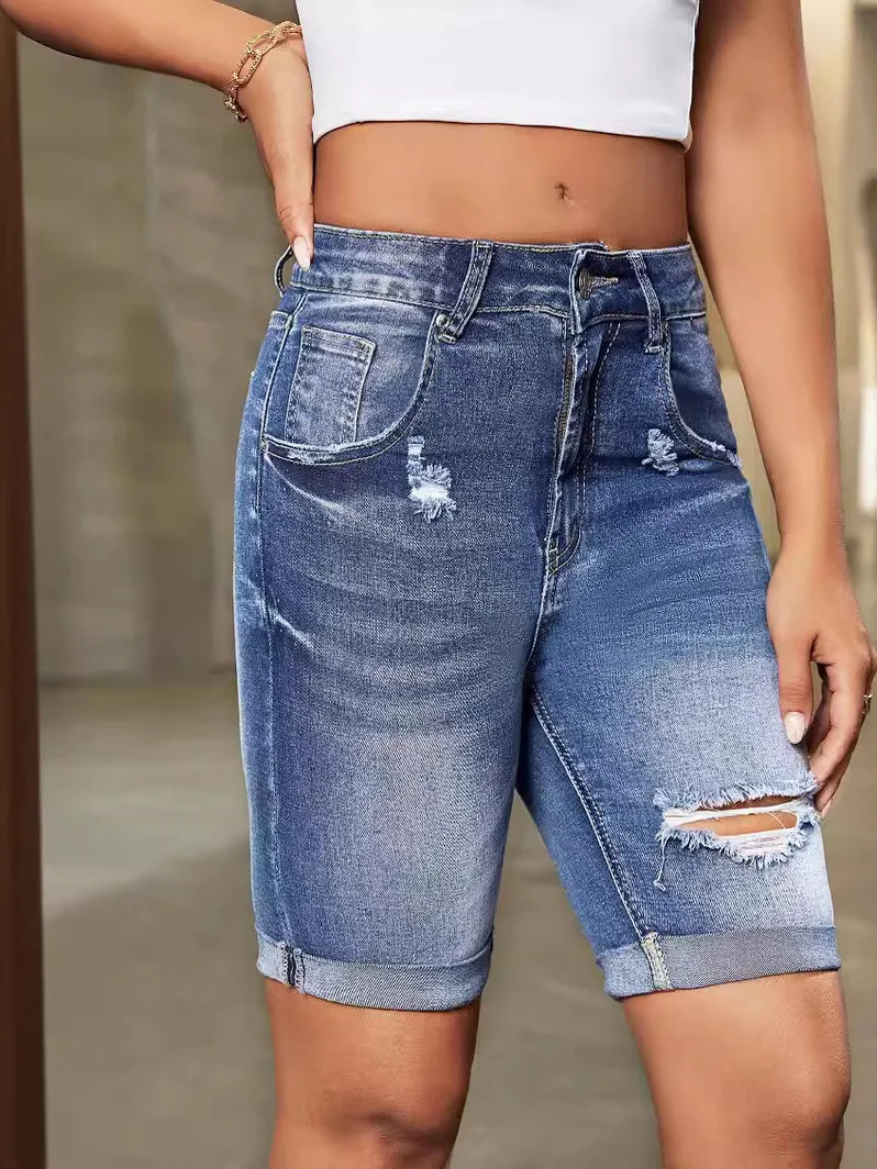 Faionable Ripped Slim Fit Denim Orts Damen Five-Viertel Casual Cotton Orts Sli Hole Design Bequem Mittelelastisch