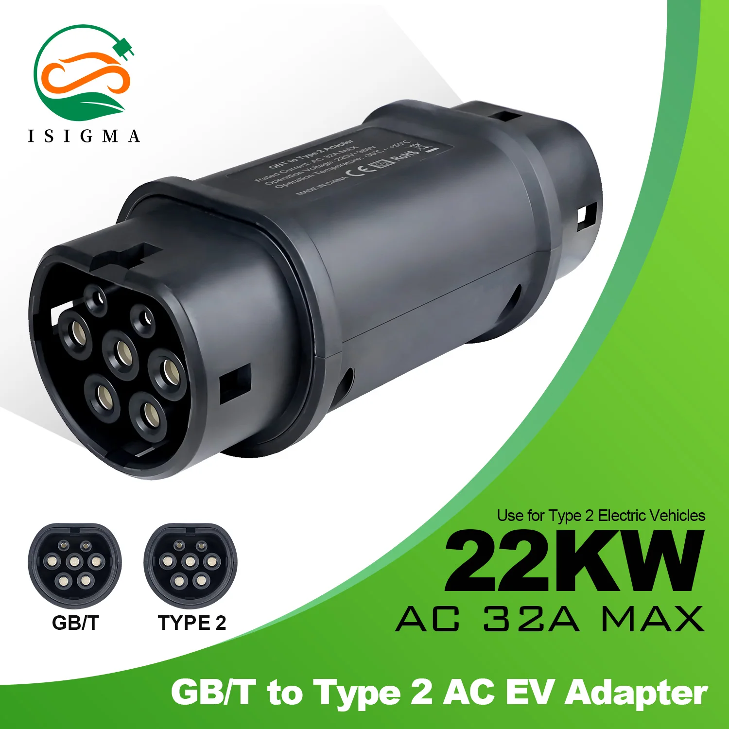 Isigma EV Carging Adapter 32A 7.2KW GB/T To Type 2 Adapter For IEC 62169-2 EU Electric Vehicle Car Socket