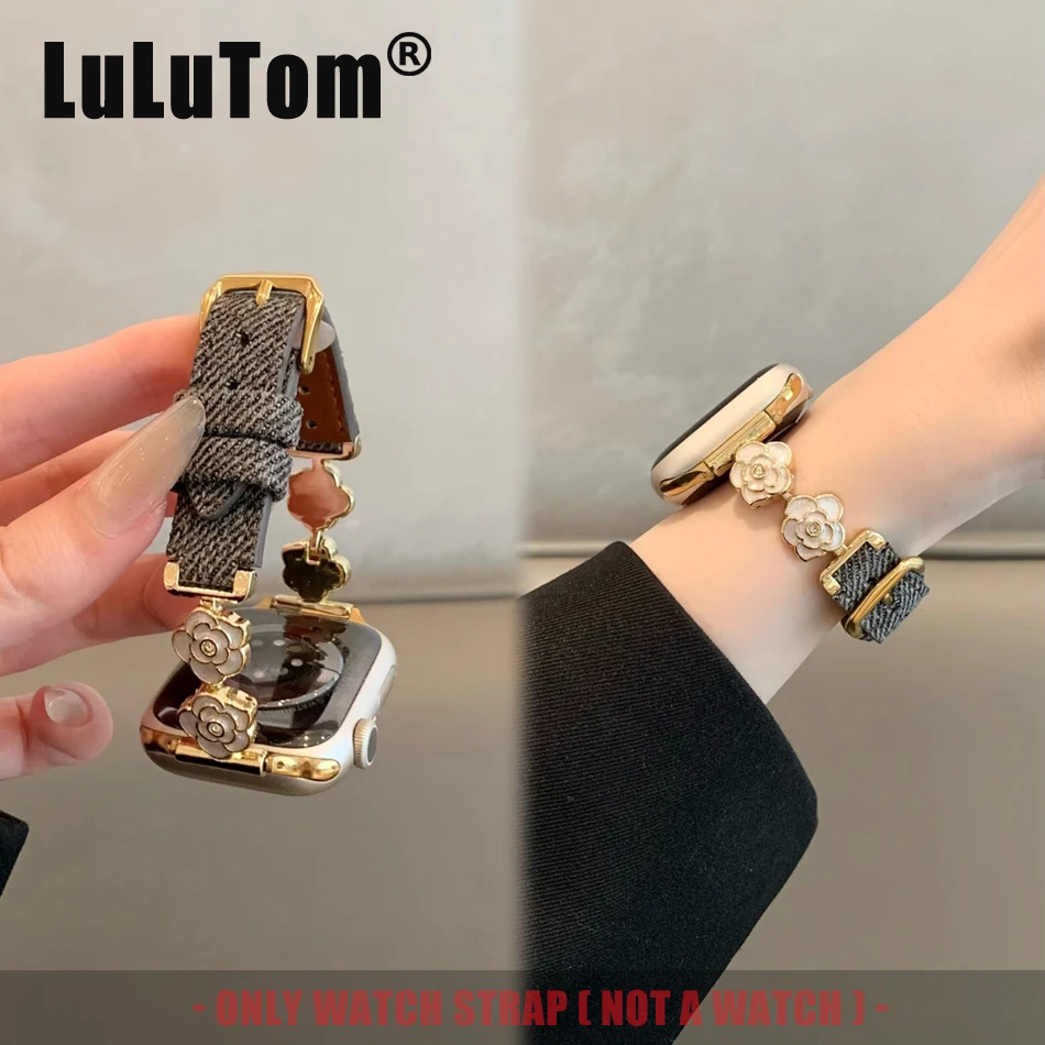 

Elegant Camellia Strap For Apple Watch Series 11 10 9 8 7 6 SE 5 UItra 3 iWatch 49/46/45/44/42/41/40/38mm Woman Denim Bracelets