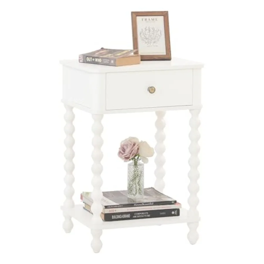 

White Nightstand with Drawer Compact Farmhouse Side Table for Bedroom Living Room Office Use Spindle Wood Legs Rustic Chic Styl