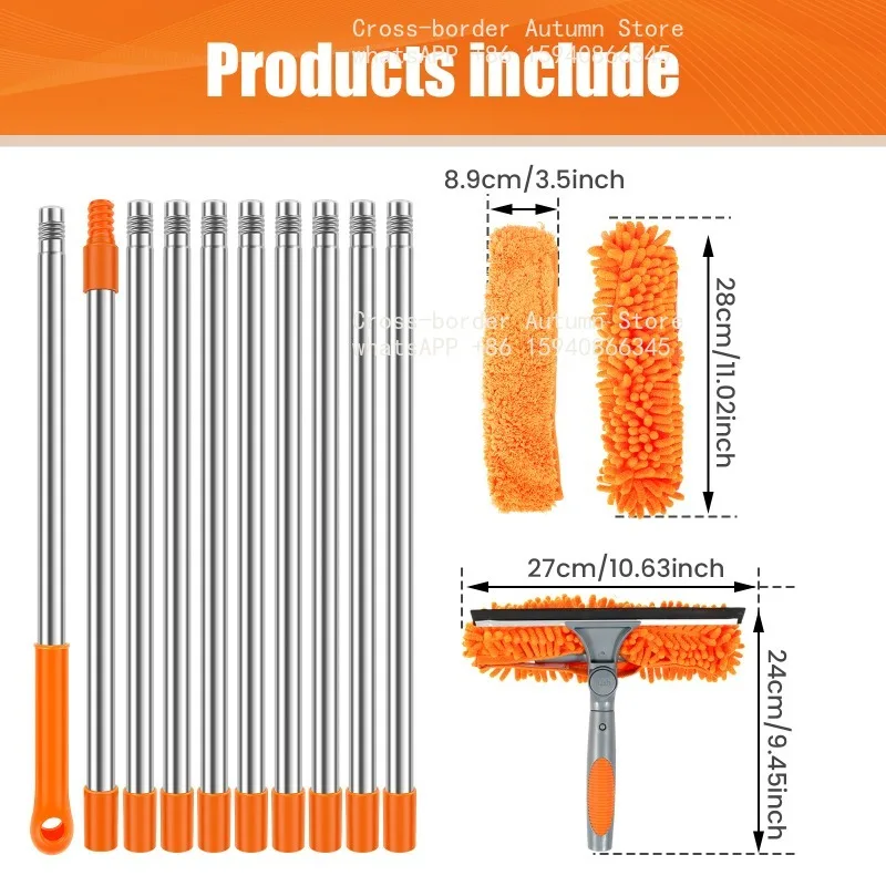 100-420CM Extended Window Cleaning Kit 2 in 1 Double Sided Glass Squeegee Cleaner Duster Mop 180° Swivel Window Cleaning Tools