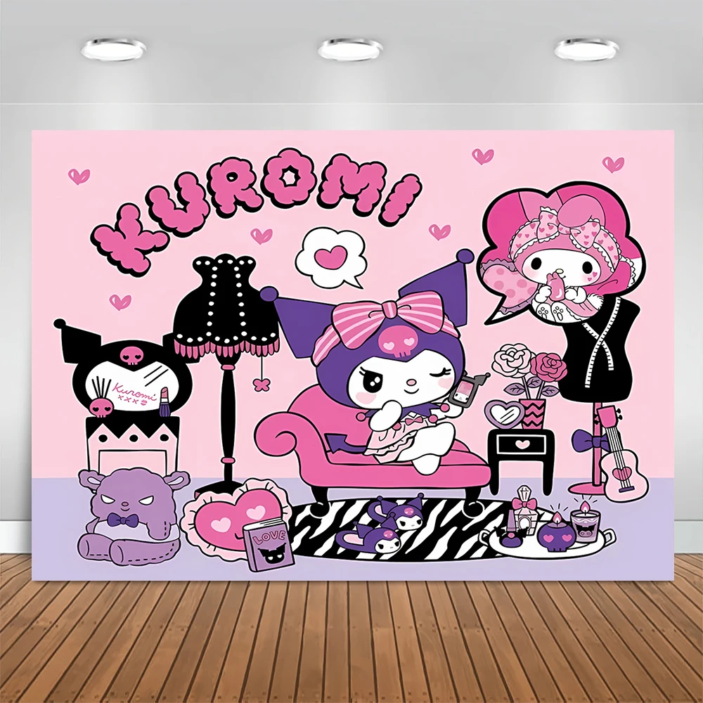 Sanrio Kuromi Backdrop Banner kawaii Kuromi Kids Birthday Party Decoration Photography Background Baby Shower Photo Booth Props