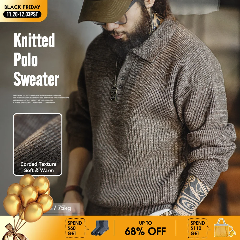 

Maden Retro Knitted Polo Shirt Loose Coffee Color Lapel Sweater Autumn Winter Men's Uncle Fu Jumper Casual Knitwear