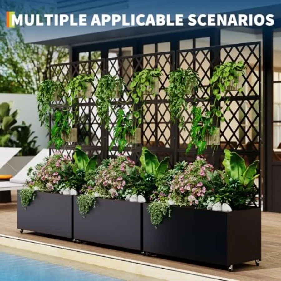 IDEAHOUSE Steel Raised Garden Bed w/Trellis and Privacy Screen - 71x46x16 in Planter Box w/Lockable Casters, Drainage Holes for