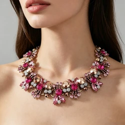 Fashion Rose Blue Black White Crystal Bowknot Flower Large Collar Statement Choker Necklace Women Indian Retro Necklace Jewelry