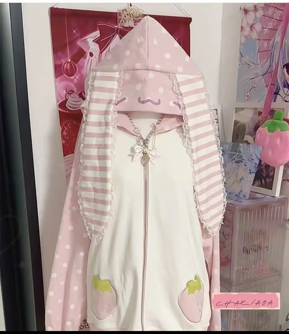 레이스 패치워크 물방울 무늬 루즈 캐주얼 두꺼운 스웨터 재킷 후드 딸기 토끼 귀 귀여운 핑크 겨울 하라주쿠 Y2K 여성용