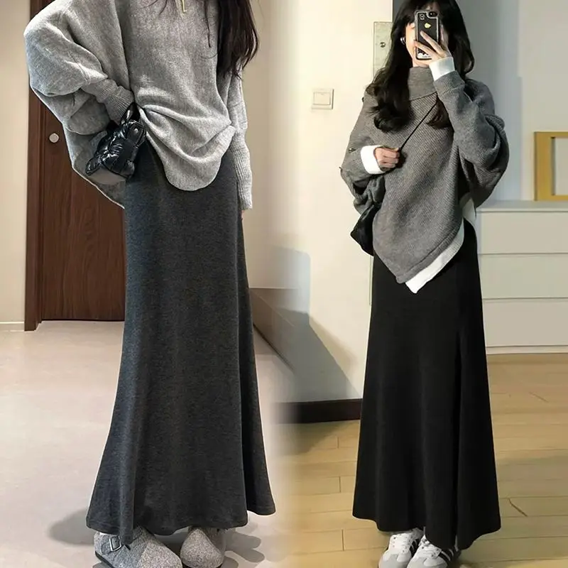 ملابس حمل لخريف وشتاء 2025 تنورة جديدة متماسكة على شكل حرف a-ملابس عالية الخصر للتخسيس متوسطة الطول للنساء الحوامل #3