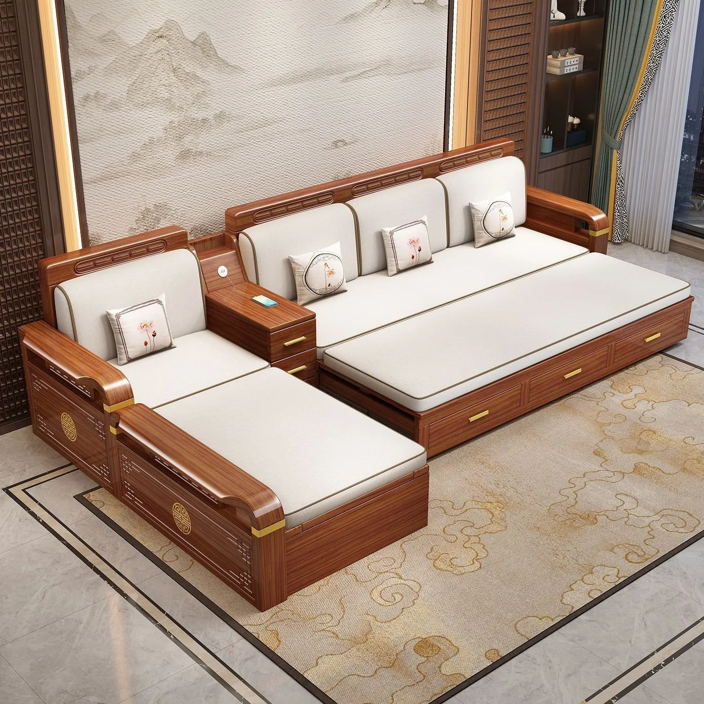 Walnut solid wood sofa bed Living room multi-functional winter and summer dual-purpose sitting and sleeping integrated