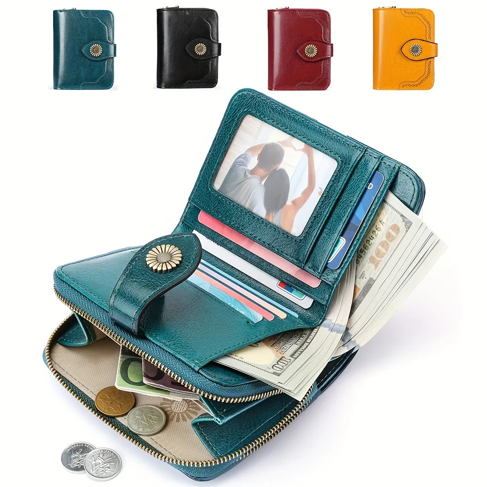 

Sunflower Decor Short Wallet, Vintage Style Zipper Genuine Leather Coin Purse, Women's Tri-fold Clutch Card Holder