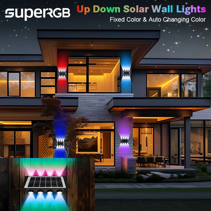 

8/10/12LED Lights Solar Wall Washer Up and Down Lighting Hight Brightness RGB Gradient Color Wall Lamp Landscape Garden Decor