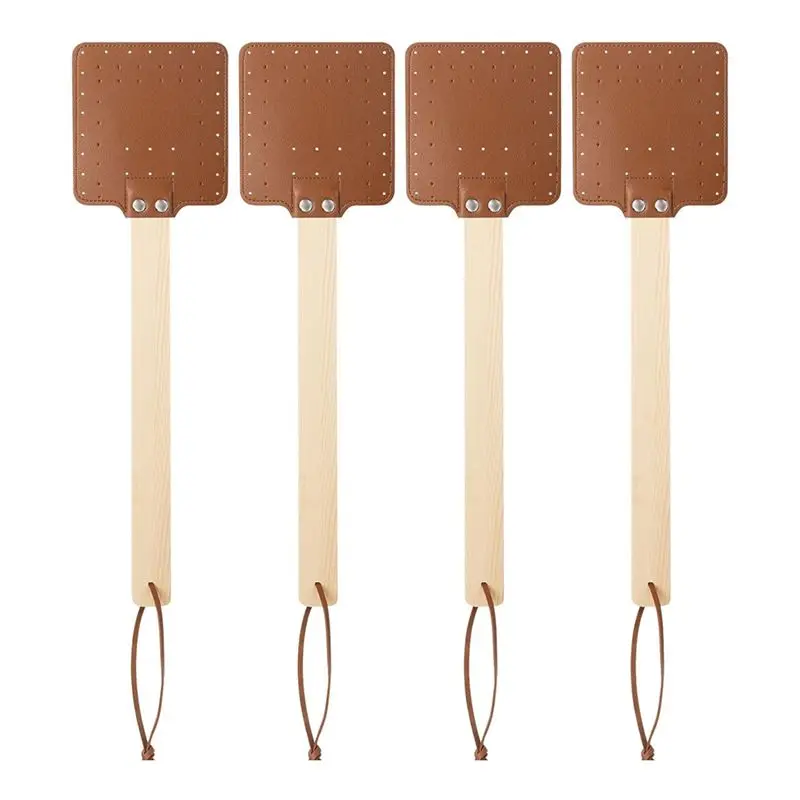 A74E-4 Pieces 17.3 Inch Fly Swatter Leather Fly Swatter Long Fly Swatter Manual Fly Swatter Wood Handle Bug Swatter