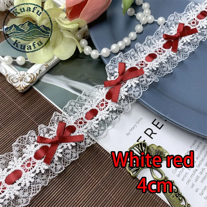 1 Yard Lolita Spitzenband mit Schleife, Plissee-Spitzenstoff, Rüschenband für DIY-Bastelarbeiten, Nähen, Kleider und Kleidungszubehör