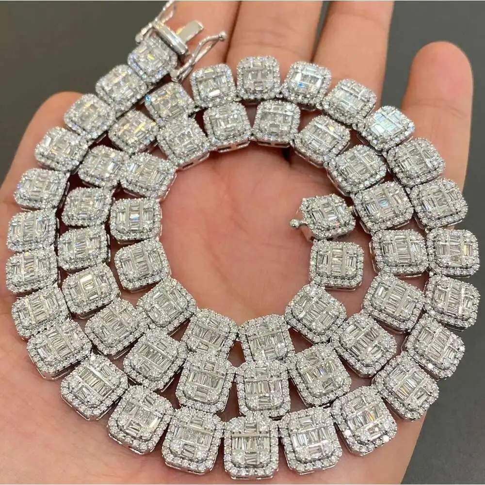 Luxury Fully Iced Out Baguette Round Cut Vvs Moissanite Diamond Cluster Tennis Chain 925 Silver Round Baguette Rectangle Link Ne