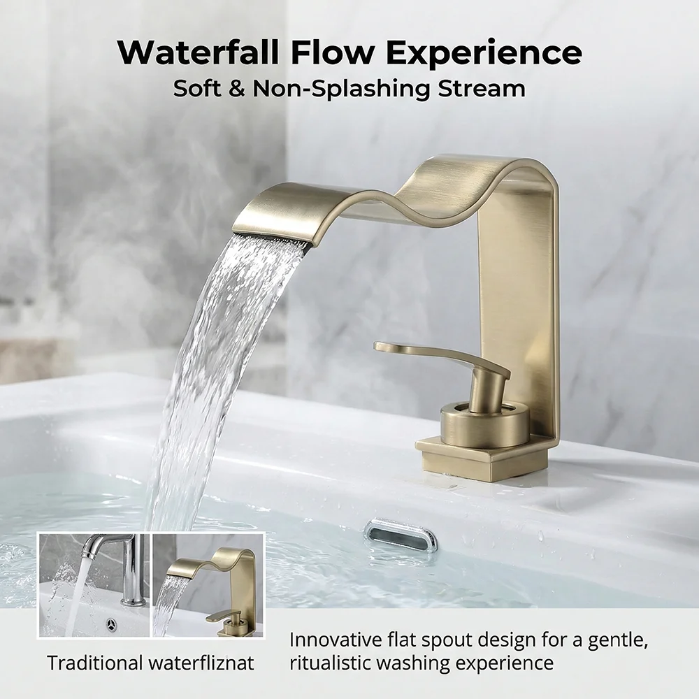 

Brushed Gold Bathroom Faucet, Solid Brass Modern Waterfall Spout Single Handle Basin Mixer Tap, Deck Mount Hot Cold Lavatory Fau