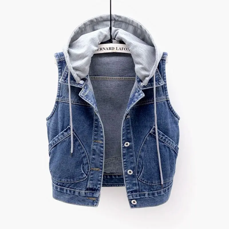 

Women's Hooded ort Denim Vest Jaet Casual Sle Color with kets Single Button Closure Spring Faion