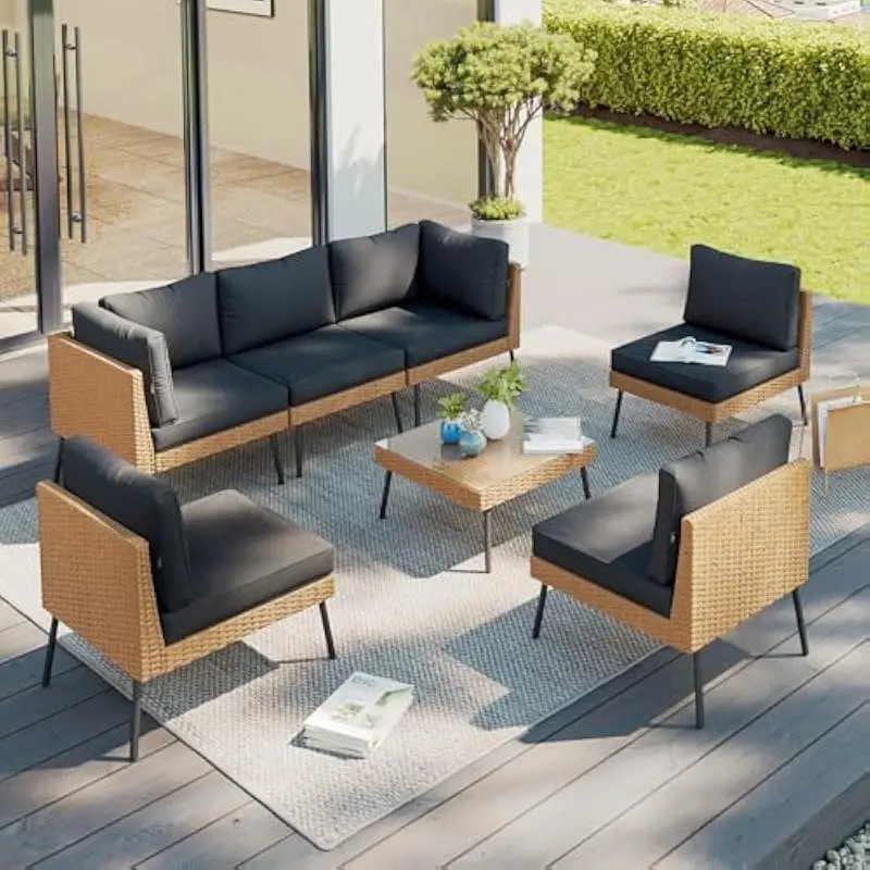Modern 7-Piece Outdoor Sectional Set with Elevated Metal Legs, Thick Waterproof Cushions, Modular Wicker Design, Coffee Table In
