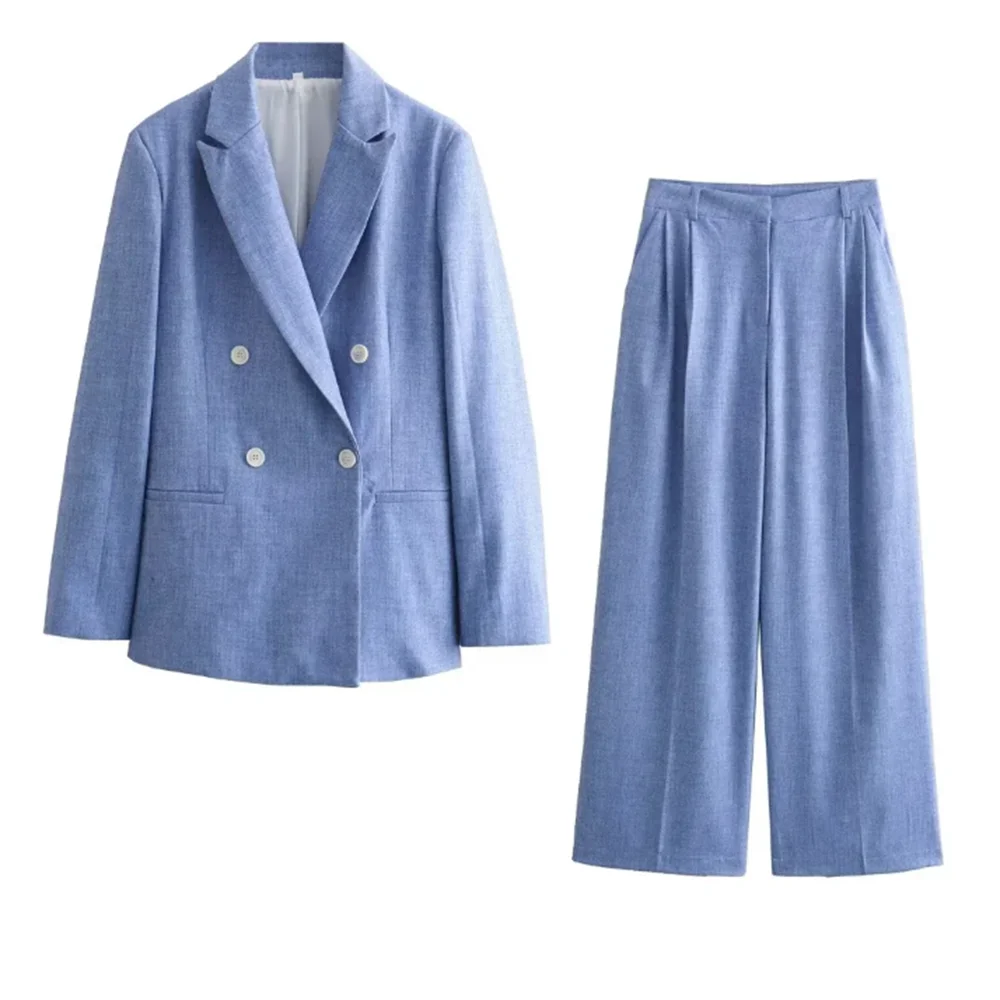 High Quality Light Blue Linen Women Suit Double Breasted 2 Piece Jacket Pants Female Set Elegant Fresh Office Lady Clothing