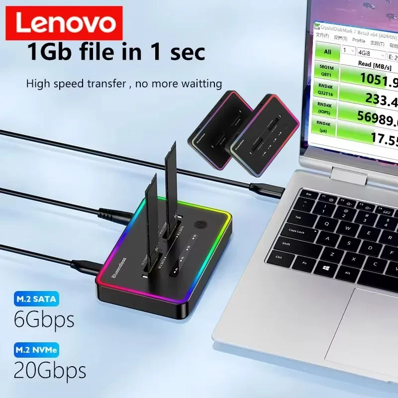 

Lenovo offline clone Dual Protocol m.2 ssd case Ssd Docking Station Type C 10Gbps for PCIe NVME or sata 2 bay SSD enclosure