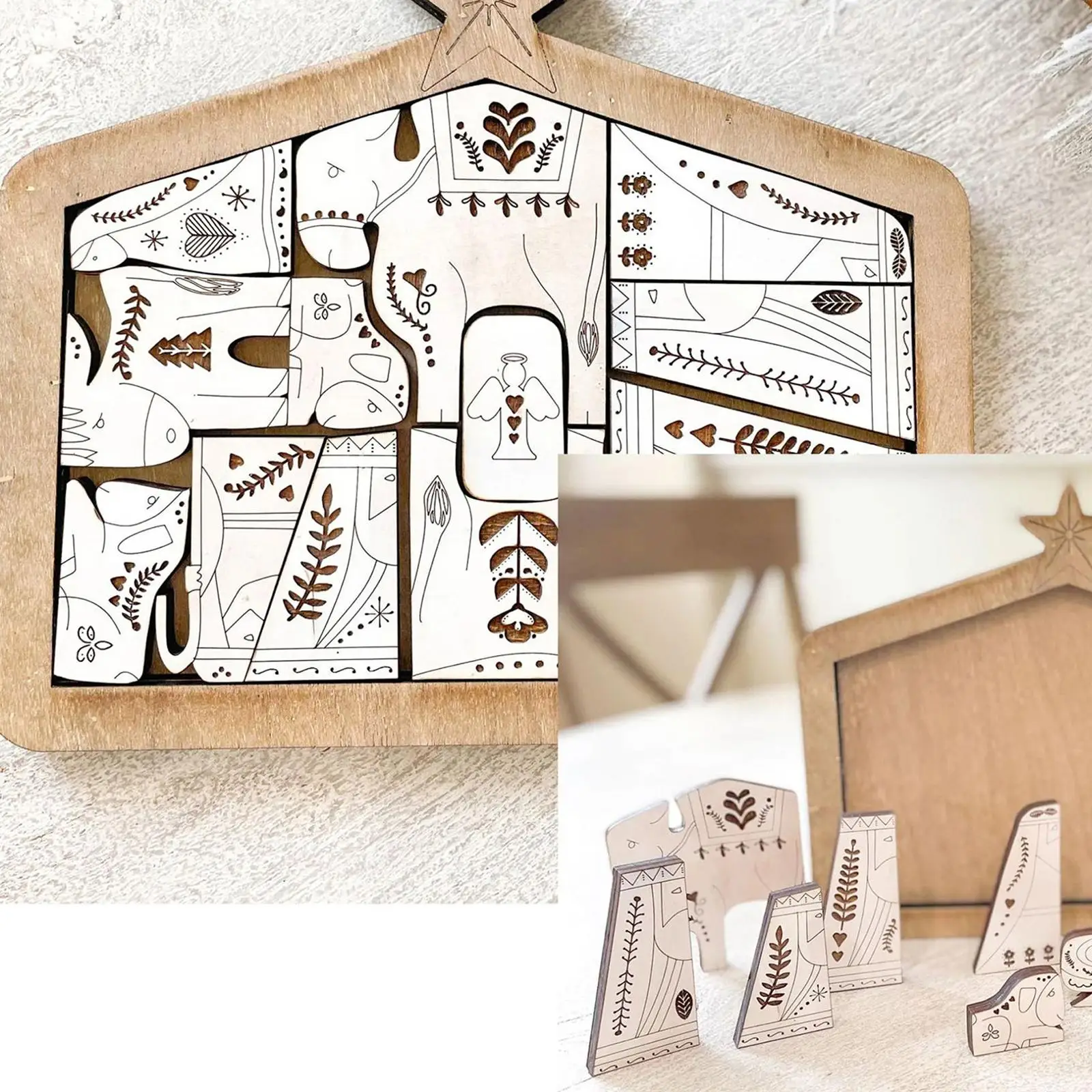 Wooden Nativity Jesus Puzzle Toy for Adults Kids Teens Art Decor Sculpture with Cut Pieces Educational Brain Teaser Christmas