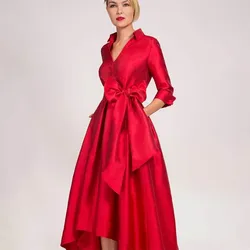 Graceful Short Red Taffeta Mother of the Bride Dresses With Bow A-Line V-Neck Floor-Length Groom Mother Dresses For Weddings