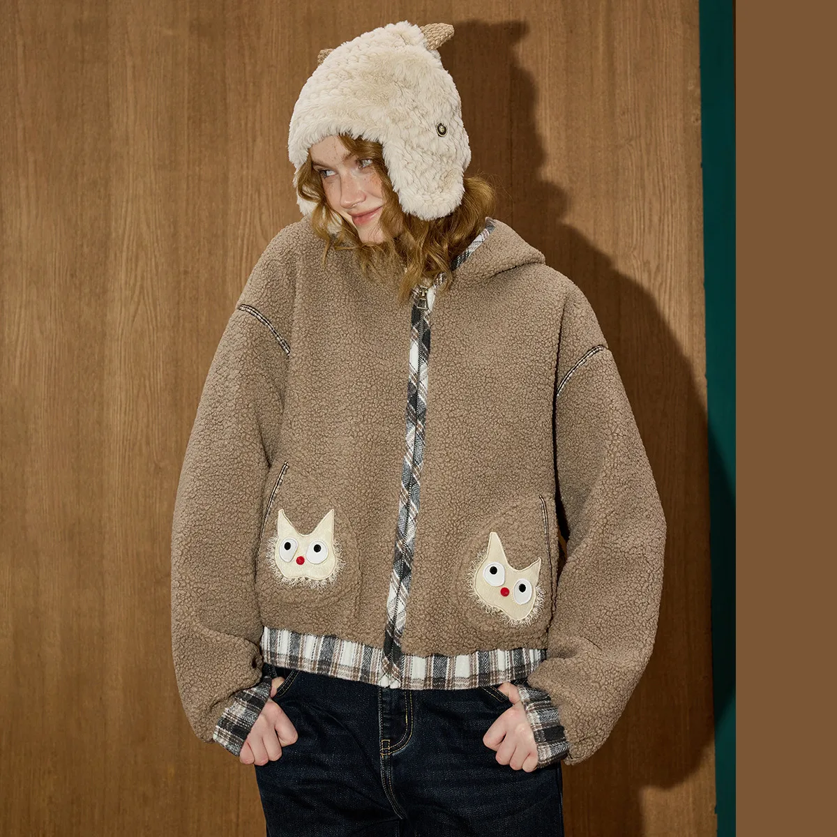 

Coolhut Plaid Patchwork Women's Hooded Coat Winter Embroidered Quilted Jacket Retro Oversized Parka Heavyweight Cozy Outerwear