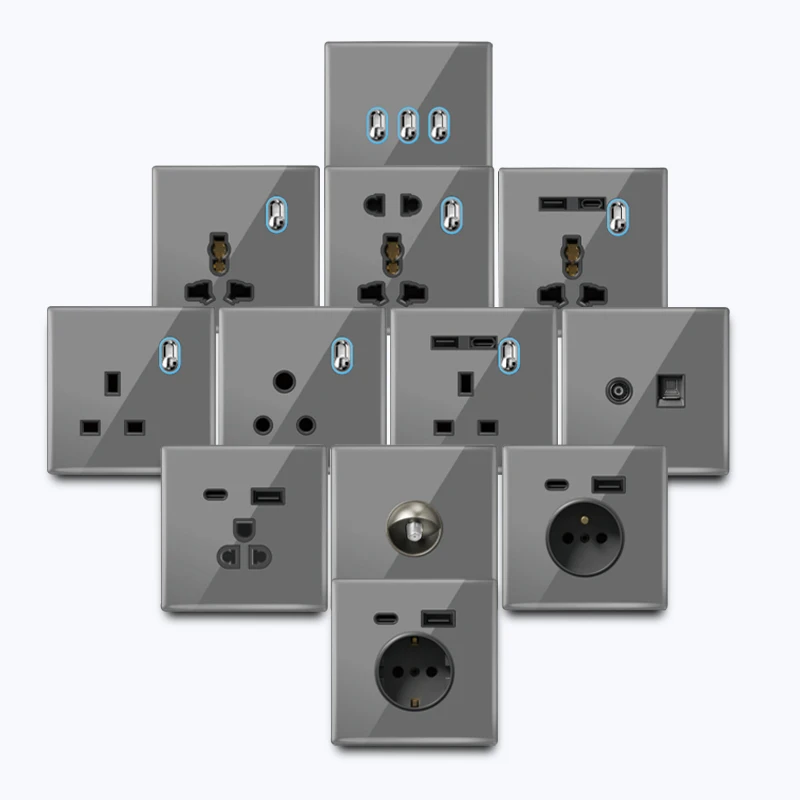 Grey Glass Wall Light 1gang2way Switch  EU British Standard RJ45 TV Satellite Hotel Office Decoration Switch TypeC Socket Panel