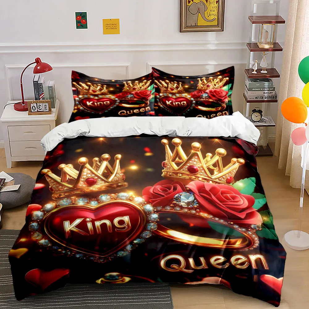 King Queen Golden Crown Red Rose Couple Bedding Set 3pcs,Luxury Heart Ring Diamond Print Duvet Cover,1 Duvet Cover 2 Pillowcase