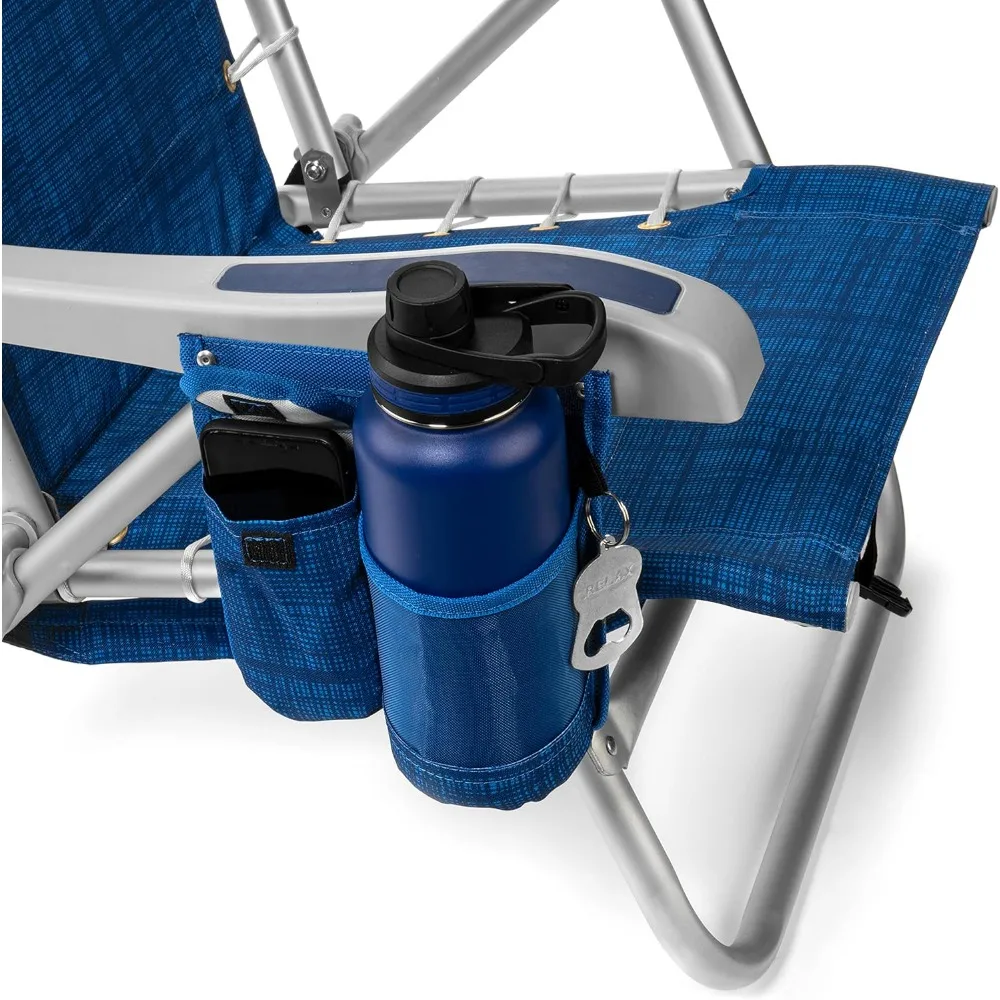Cooler + mochila dobrável cadeira de praia com 5 posições, barra de toalha, bolsa térmica XL, rede de armazenamento, copo e suporte para telefone, fogos de artifício