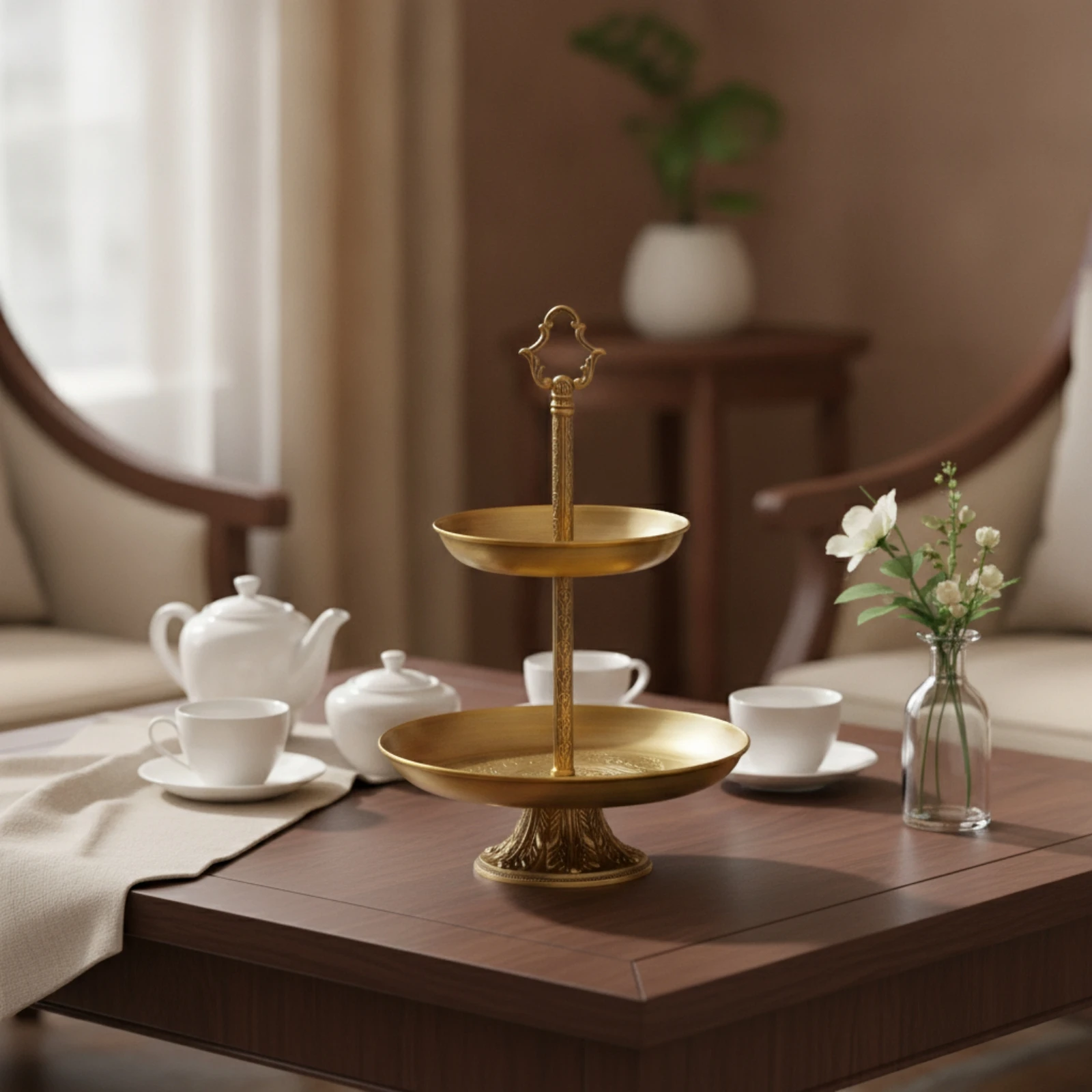 Two-Tier Dessert Stand Ornate Tiered Serving Tray Cupcake Stand Vintage-Inspired Pastry Dessert Holder Brass-Toned for Hosts