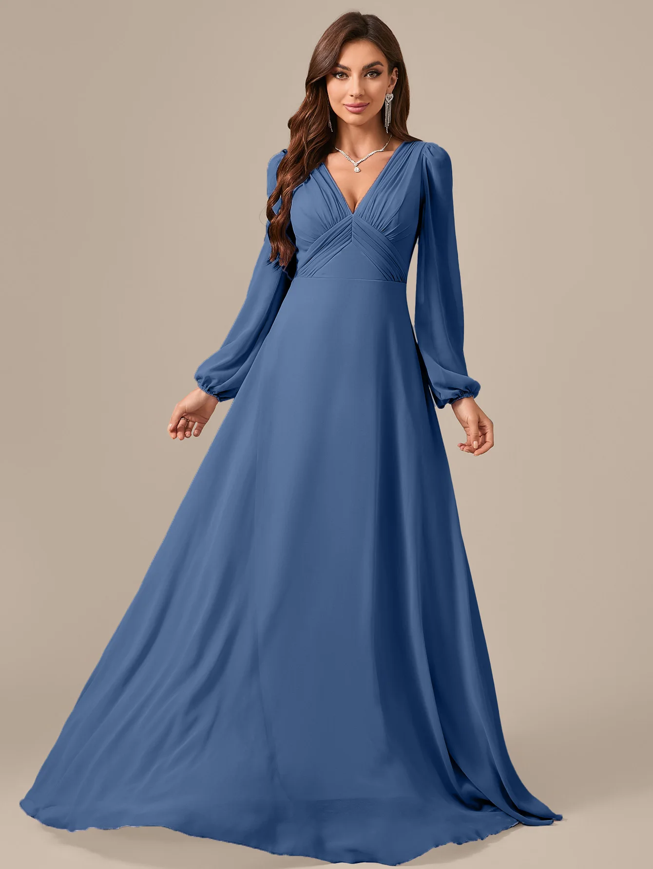 Sukienka wizytowa UNITHORSE z dekoltem w serek, długim rękawem, marszczeniem z przodu, z liliowego szyfonu, sukienka dla druhny, sukienka dla panny młodej