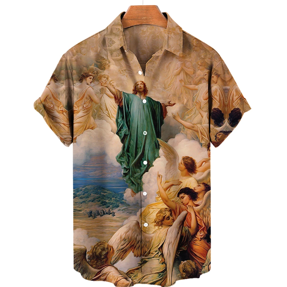 Men's God Jesus Maria Hawaiian Shirt 3D Printed Religious Cross Harajuku Casual Collar Large Tropical Top for Casual Wear