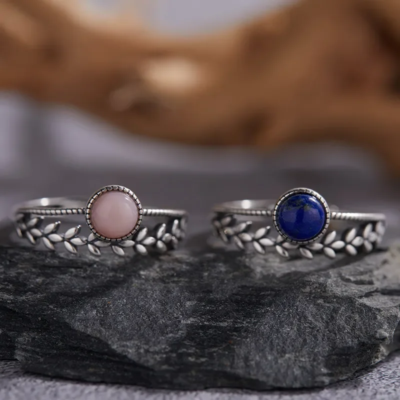 Niche design S925 sterling silver inlaid with natural powder Opal blue gold color Opal Tai silver ring women's double plain