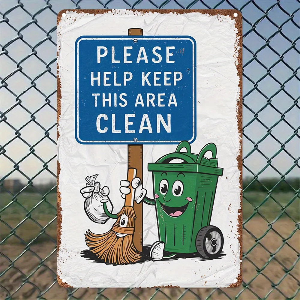 2D Flat - One Vintage-Style Aluminum Sign Featuring a Cute Trash Can And Broom Design That Says, 'Please Help Keep This Area Cle