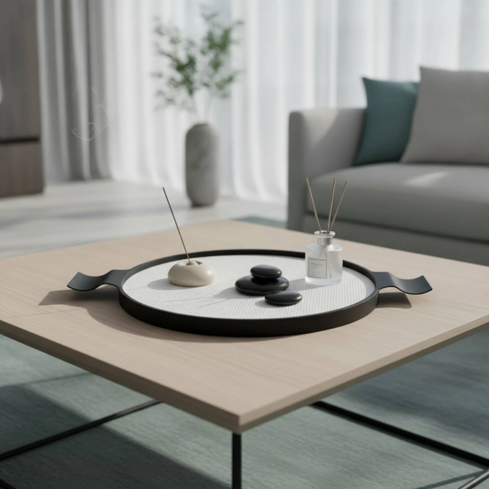 Round Tray Slim-Profile Tray with Handles Shallow Decorative for Tabletop Display, Living Room