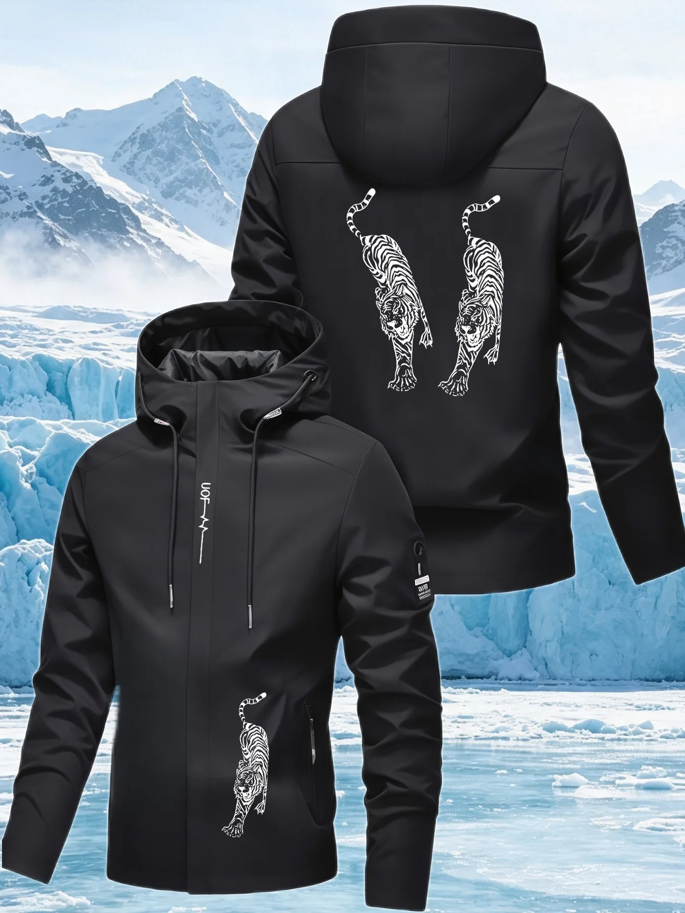 Men's Double Tigers Print Hooded Jacket – Outdoor Hooded Windbreaker, Waterproof & Windproof, Spring/Autumn Workwear Coat